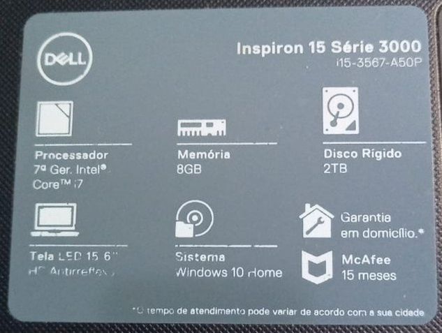 Notebook Dell I7 - 7º Geração - 8gb Ram Ddr4 - Hd 2tb