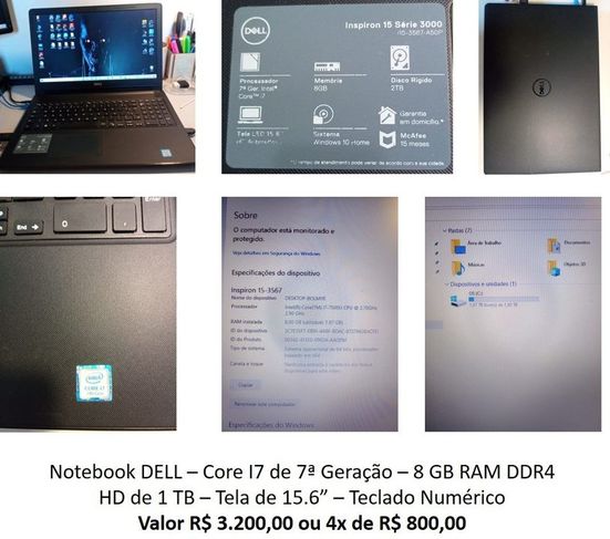 Notebook Dell I7 - 7º Geração - 8gb Ram Ddr4 - Hd 2tb