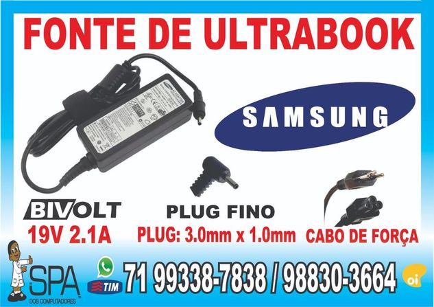 Fonte Notebook e Ultrabook Samsung 19v 2.1a 40w Plug Fino 3.0mm X 1.0m