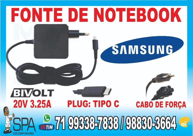 Fonte Notebook Ultrabook e Tablet Usb-c Samsung 20v 3.25a Plug Tipo C