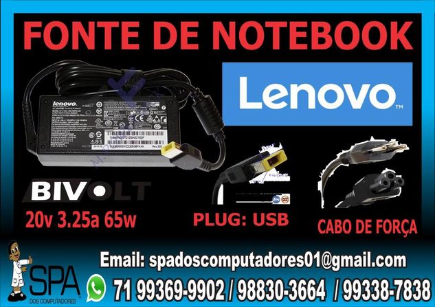 Fonte Carregador Notebook Lenovo Plug Usb em Lauro de Freitas BA