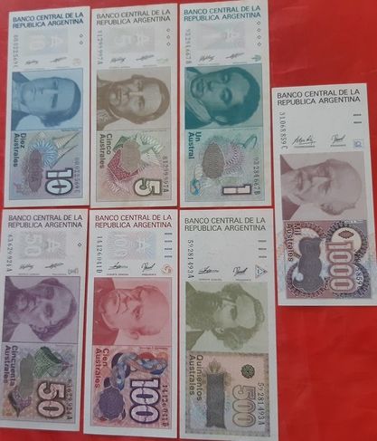 7 Cédulas Argentina Série Australes 1 a 1000 Set Completo Fe