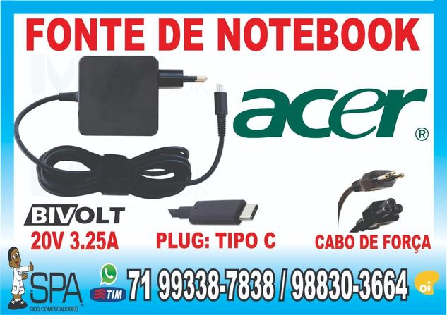 Fonte Notebook Ultrabook e Tablet Usb-c Acer 20v 3.25a Plug Tipo C em
