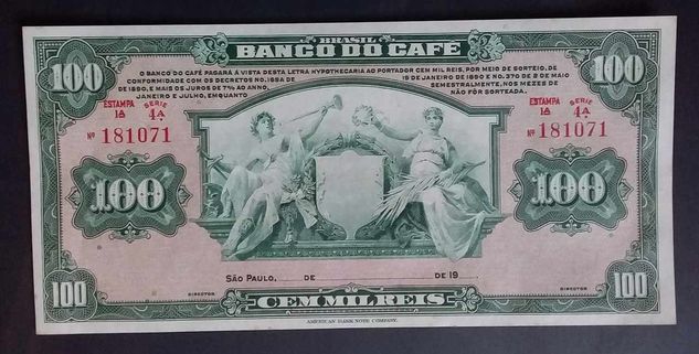 1890 100 Mil Reis Banco do Café 1ª Estampa Cédula Apólice 100000 RS RR