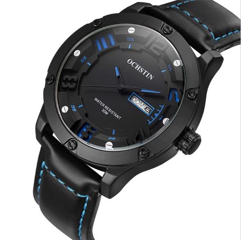 Relógio Ochstin Azul em Couro Grande com Data 100% Novo e Original à P