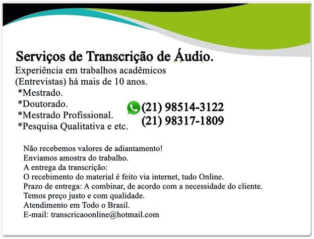Serviços de Transcrição de áudio R$ 60,00