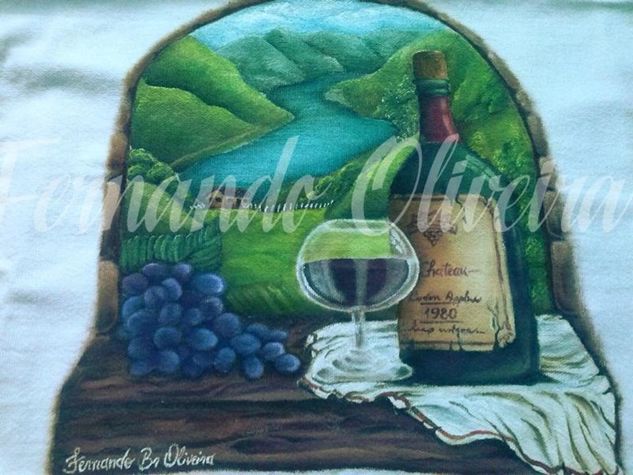 Pintura Pano de Prato Vinho Uvas e Paisagem