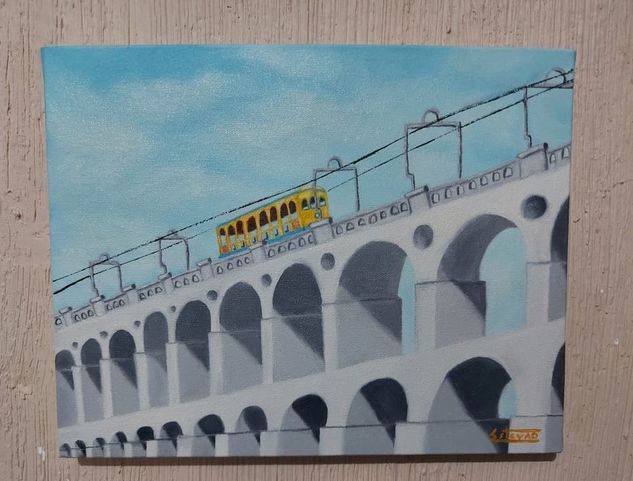 Pintura a óleo ''bondinho sobre Os Arcos da Lapa''