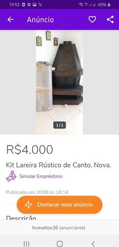 Kit Lareira Rústica de Canto R$ 4.000,00