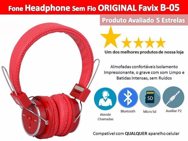 Fone Ouvido Headphone sem Fio Bluetooth Micro Sd Fm P2 B 05