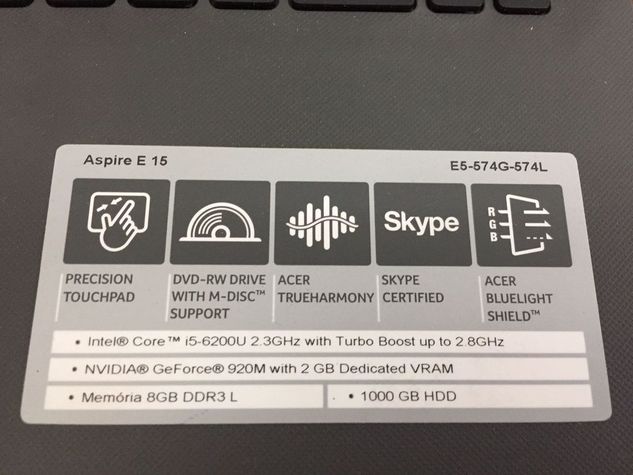 Notebook Acer E5 574g 574l Core I5 8gb 1tb Pd W10 15,6'