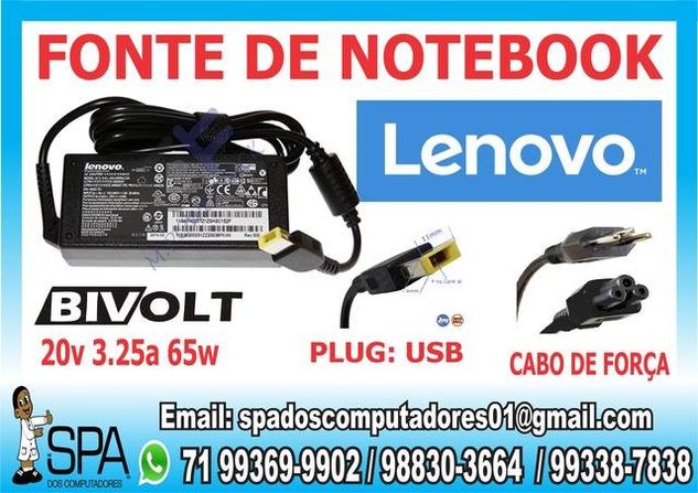 Fonte Notebook e Netbook Lenovo 20v 3.25a 65w Plug Usb Quadrado em Sal